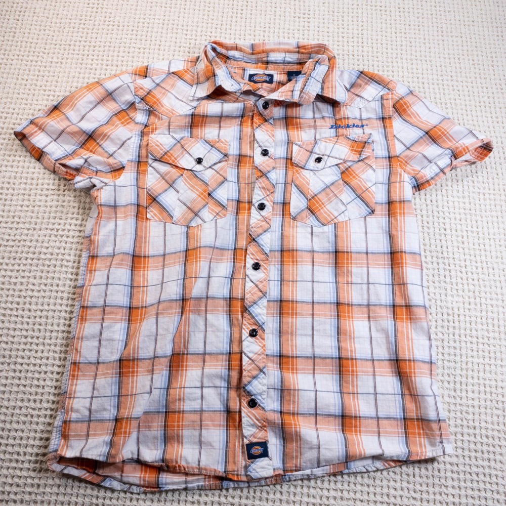 Dickies Boys Orange Plaid Short Sleeve Button Down Shirt Size 16 Graphic Back